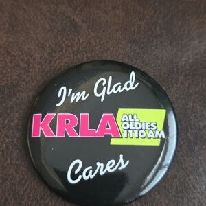 KRLA 'I'm Glad KRLA Cares' Radio Button Pin - Black with Pink & Lime